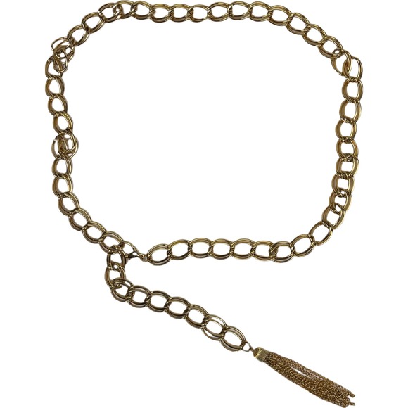 Vtg Gold Chunky Chain Belt Tassel Charm Y2K Whimsigoth Witchy Boho Double Link - Picture 1 of 6